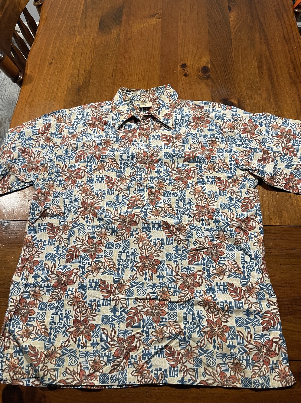GO BAREFOOT Vintage Men Hawaiian Blue Tan Orange Floral Leaf 1/4 Button SS Shirt